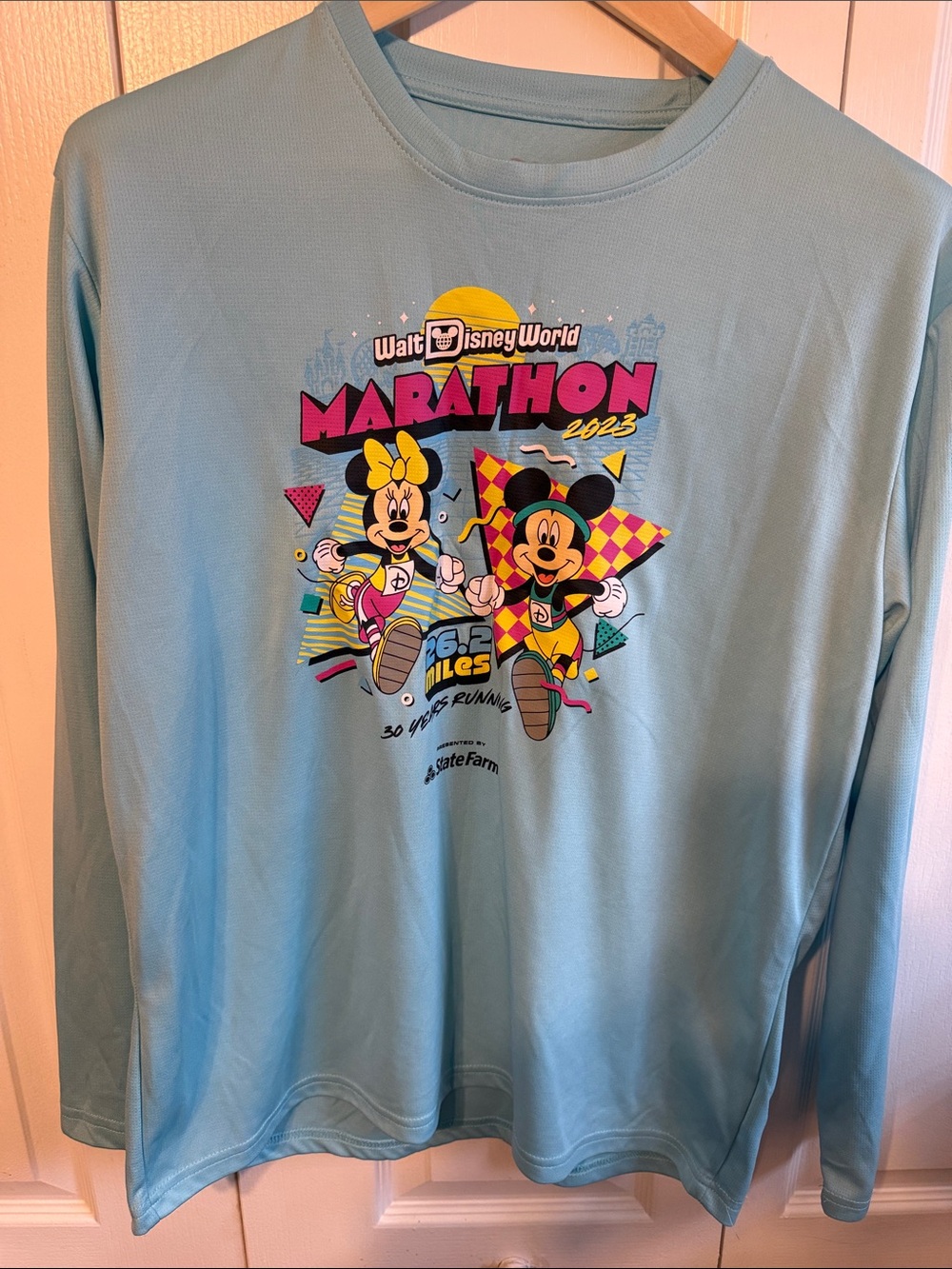 Disney Light Blue Long Sleeve Marathon Shirt with Mickey & Minnie Graphic